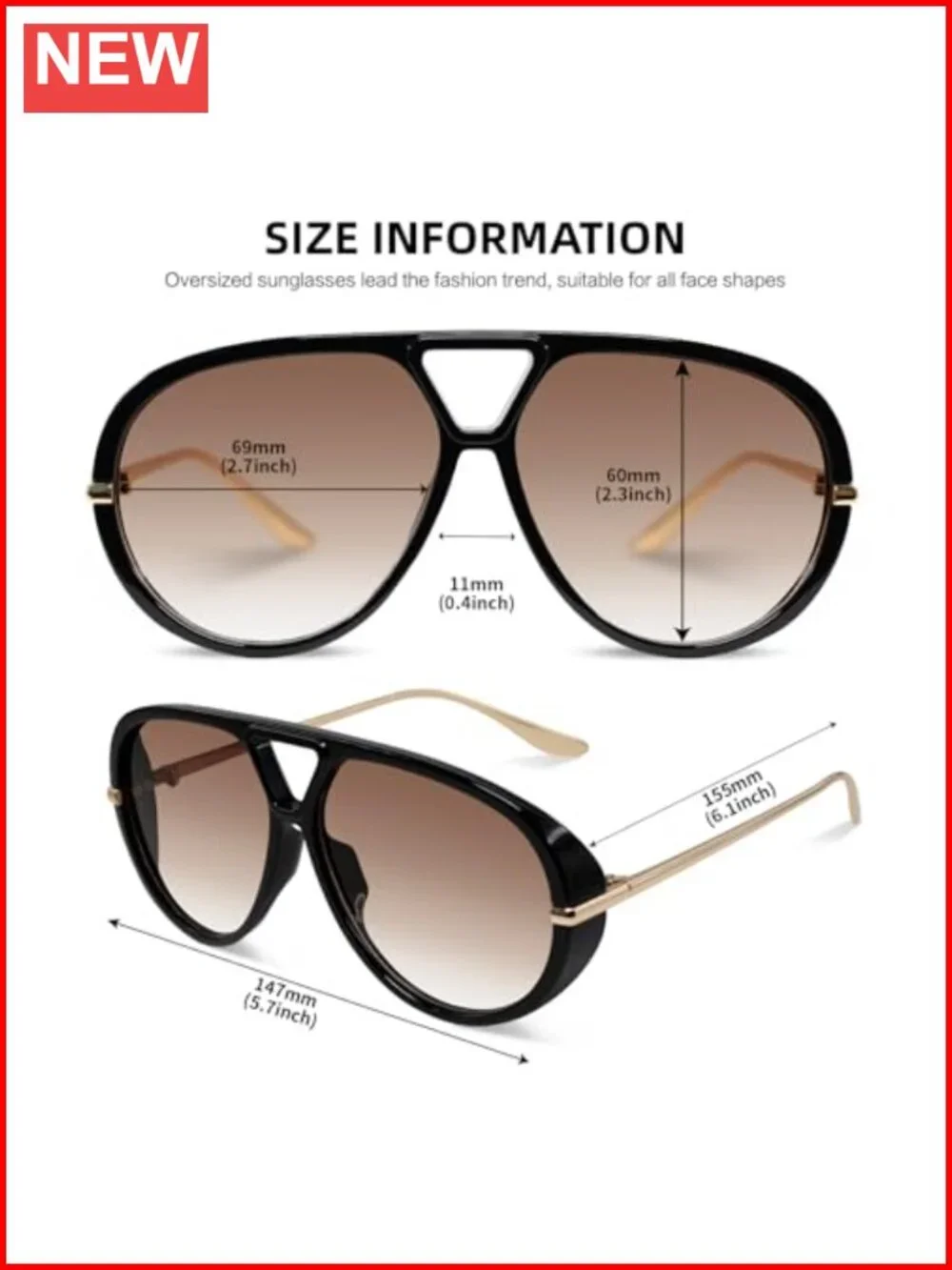 Oversized Aviator Sunglasses with UV Protection, Retro Y2K Vintage Big Sun